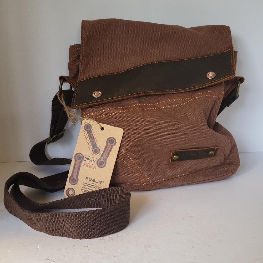 Augur Men's Canvas Crossbody Messenger Bag with Leather Trim Coffee #9088